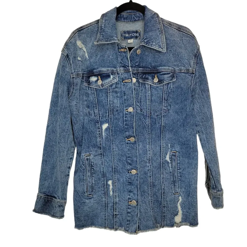 Maurices Vintage Girlfriend Distressed Long Denim Jacket Women Sz S - Picture 2 of 8